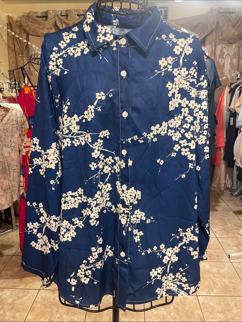 Women’s Navy Floral Button-Front Camisole Shirt